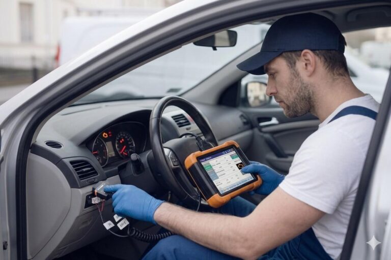 ABS Light Diagnostics Birmingham – auto electrician diagnosing an ABS warning light with a diagnostic tool for Birmingham Auto Electrics.