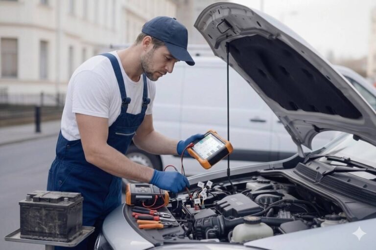 Car diagnostics birmingham – auto electrician diagnosing a car with a diagnostic scanner plugged into the OBD port for Birmingham Auto Electrics.