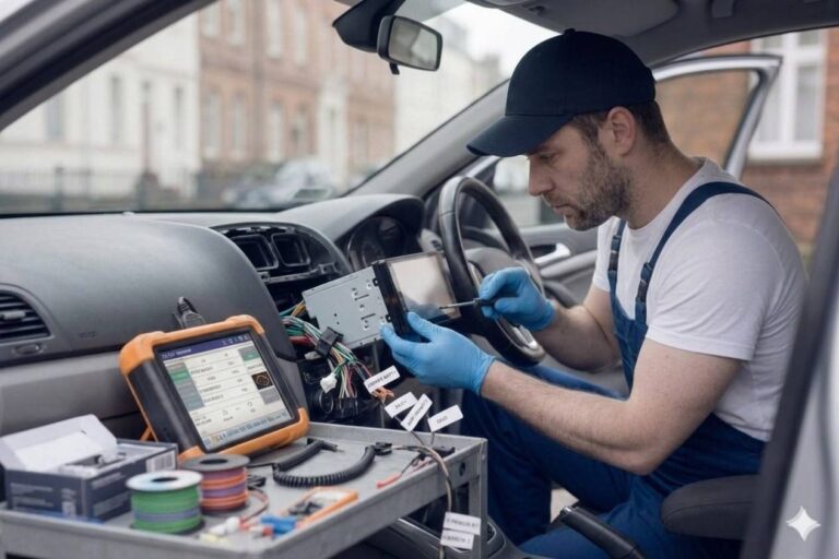 Mobile Car Stereo Installation in Birmingham – auto electrician installing a car stereo for Birmingham Auto Electrics.