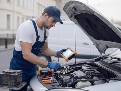 Car diagnostics birmingham – auto electrician diagnosing a car with a diagnostic scanner plugged into the OBD port for Birmingham Auto Electrics.