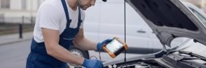Car diagnostics birmingham – auto electrician diagnosing a car with a diagnostic scanner plugged into the OBD port for Birmingham Auto Electrics.