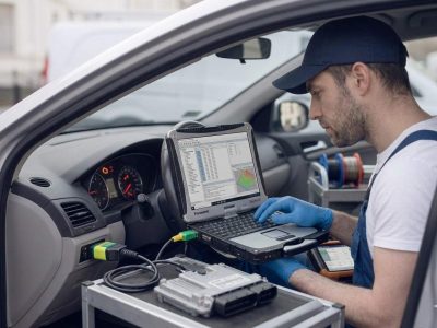 ECU Coding and Programming Birmingham – auto electrician programming an ECU with a laptop for Birmingham Auto Electrics.